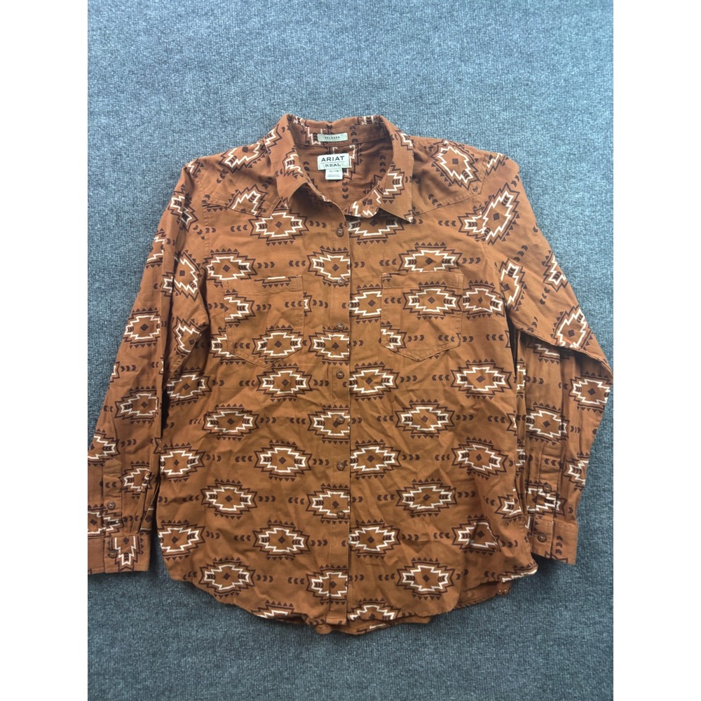 Ariat REAL Button Down Shirt‎ Womens XL Brown Southwestern Geometric Relaxed Fit